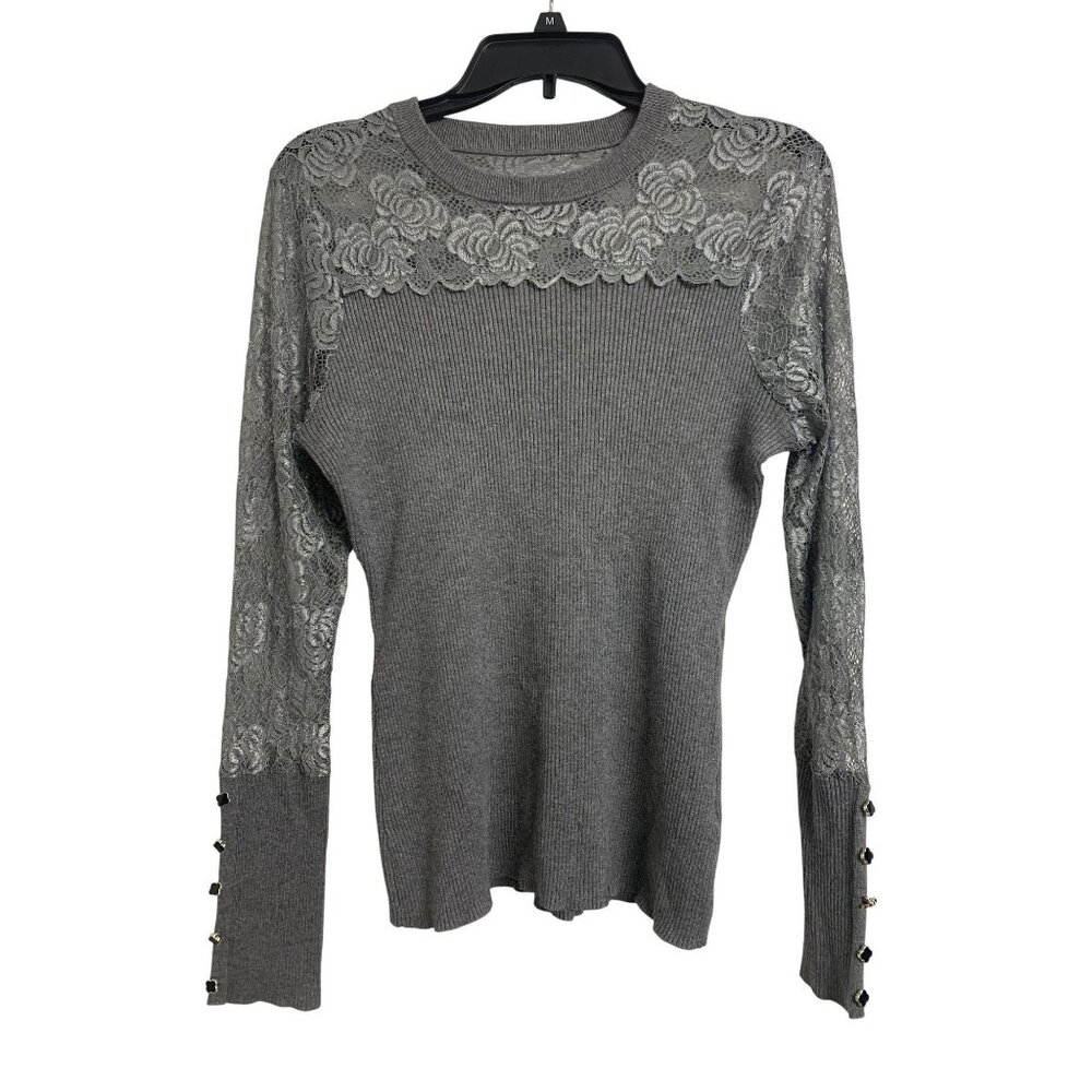 Gray M Lace Ribbed Knit Y2K Henley‎ Casual Top Feminine